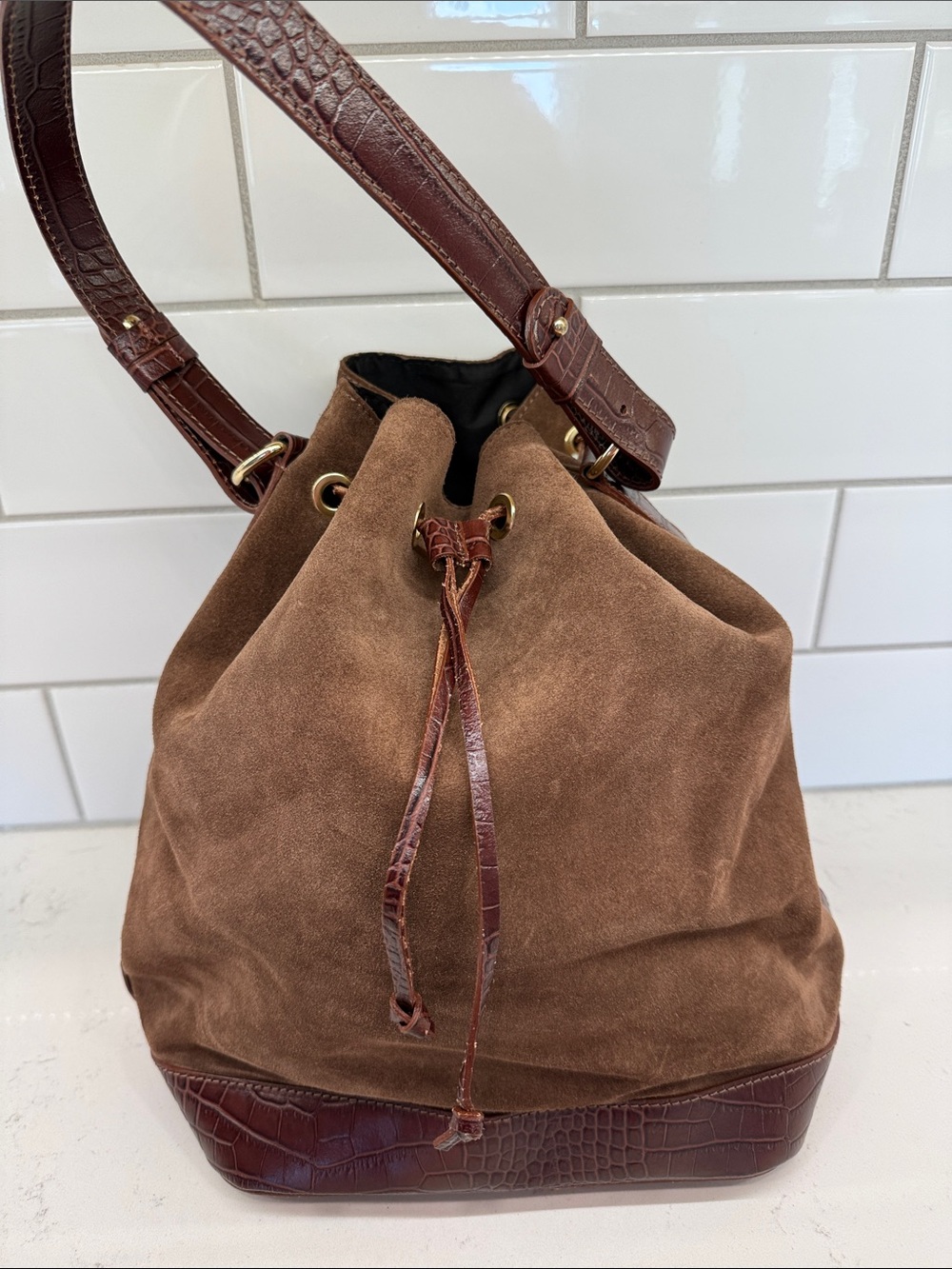 Isadora Brown Suede Drawstring Bucket Bag with Croc-Textured Trim Italy